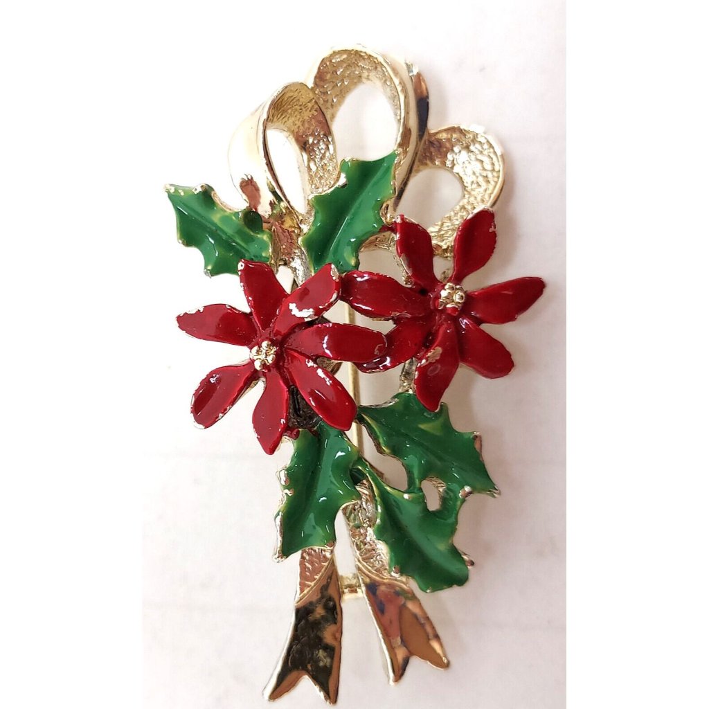 Pin Poinsettias And Holly Enameled On Gold Tone Ribbon Gerry Christmas